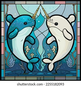 Two narwhals fencing underwater, stained glass effect