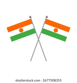 Two national flags of Niger crossed on poles on black background flat illustration
