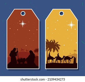 two nativity scenes tags hanging