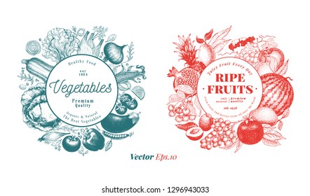 Two natural designs set. Fruits, berries and vegetables illustrations. Vintage engraved style frame templates. Can be use for menu, label, packaging, farm market products.