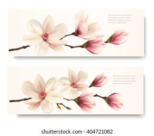 Two Nature Flower Magnolia Banners. Vector.