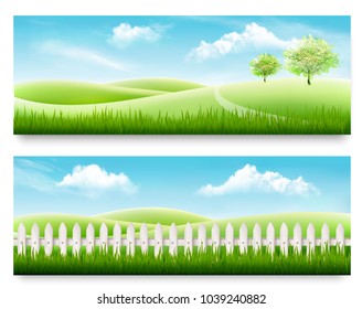 Two nature meadow banners with grass and blue sky. Vector.