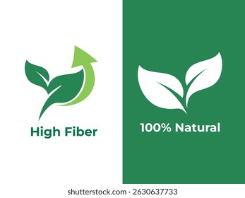 The two nature-themed logos feature stylized leaves with the text “High Fiber,” symbolizing health. two leaves with the text “100% Natural,” Ideal for organic products, healthy foods, or eco-friendly 