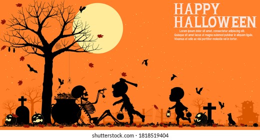 Two naughty boys  are scaring the skeleton for some candy in the Halloween night.There are 4 unique layers ,red, black,yellow and orange on orange background.

