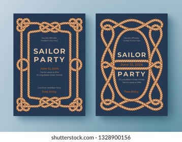 Two nautical templates. Rope frame border. Graphic design element for greeting card, poster, flyer, banner, invitation etc