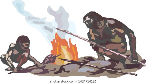 Two Neanderthals. Two cavemen are sitting on stones by the smoking fire holding spears in their hands.