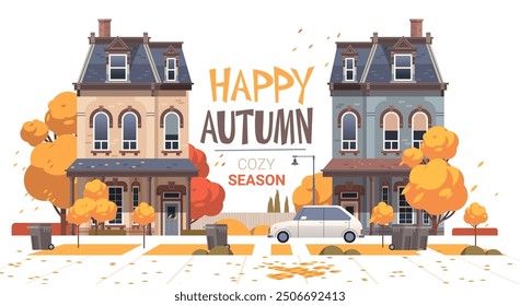 Two neighboring houses building on isolated background. Cozy autumn season flat vector composition