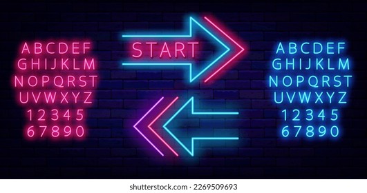 Two neon arrow collection. Start text. Download and next symbol. Shiny striped pointer. Bright flyer. Simple indicators. Glowing blue and pink alphabet. Vector stock illustration