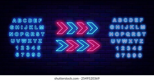 Two neon arrows. Start and subway. Download and next symbol. Shiny striped pointer. Vector stock illustration