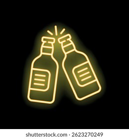 Two neon beer bottles clinking together in celebration on a black background