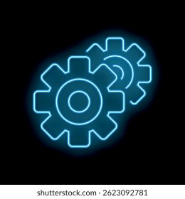 Two neon blue gears are rotating on a black background