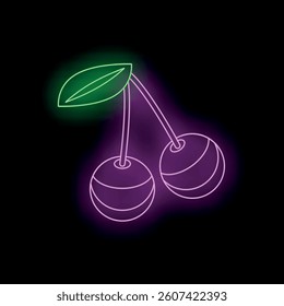 Two neon cherries with purple fruits and a green leaf glowing brightly against a dark background