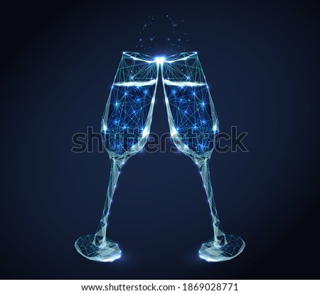 Two neon clink wine glasses with champagne and bubbles. Abstract geometric background. Wireframe light connection structure. Low polygonal design. Alcohol icon. Isolated vector illustration.