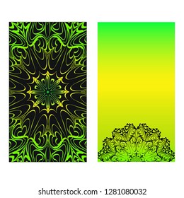Two Neon color Business Cards. Vintage decorative elements with mandala ornament. Ornamental floral, oriental pattern. Vector illustration. Islam, Arabic, Indian, turkish, pakistan, chinese, motifs.