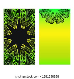 Two Neon color Business Cards. Vintage decorative elements with mandala ornament. Ornamental floral, oriental pattern. Vector illustration. Islam, Arabic, Indian, turkish, pakistan, chinese, motifs.