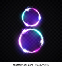 Two neon glowing circles. Bright banner on transparent background. Decoration for international womens day 8 eight march. Greeting card for women day design. Flash light colorful vector illustration.