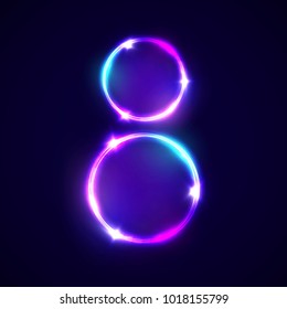 Two neon glowing circles. Decoration for international womens day 8 march. Bright banner on dark blue backdrop. Greeting card for women day design. Neon colorful vector illustration with flash light.