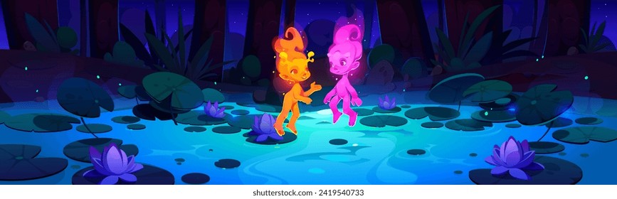 Two neon glowing fairy pixie floating above lake in forest with lotus flowers at night. Cartoon vector dusk landscape with water lily on pond, tree trunks and bush on shore, firefly and fantastic elf.