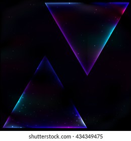 Two neon glowing triangle soap in retro style on a space background, hanging from above and below.
