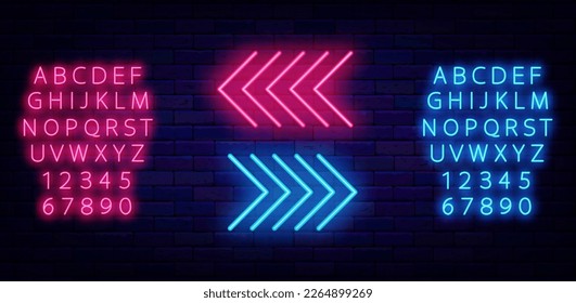 Two neon indicators collection. Download and next symbol. Shiny pointer. Bright flyer. Simple arrow. Glowing poster. Luminous blue and pink alphabet. Vector stock illustration