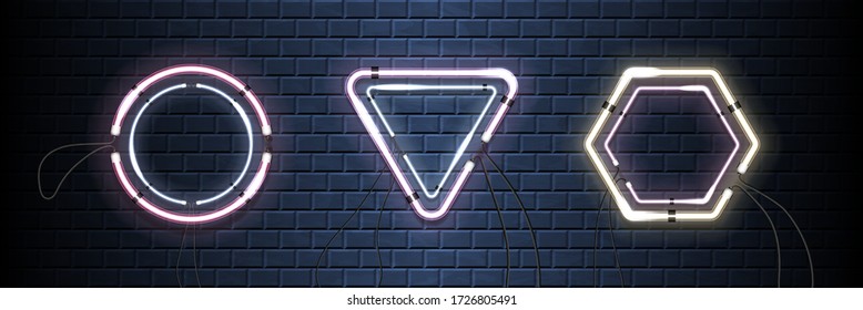 Two neon shine double cadres with empty place for your text. Set of vintage electronic luminous dual frames on a brick background for your design. Vector illustration
