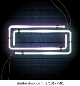 Two neon shine double rectangle with empty place for your text. Set of vintage electronic luminous dual frame on a brick background for your design. Vector illustration