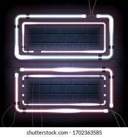 Two neon shine double rectangles with empty place for your text. Set of vintage electronic luminous dual frames on a brick background for your design. Vector illustration