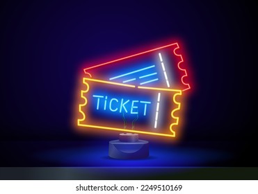 Two neon tickets banner for social networks in neon light style on dark background. Bright vector neon illustration of two simple raffle tickets for cinema, movie or other event