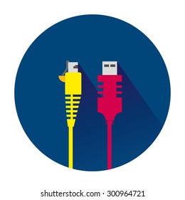 Two network cables isolated on blue background circle with shadow. Vector and illustration design.