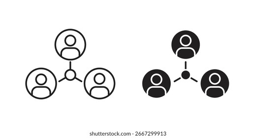 Two network icons, one in line style and one in solid style, isolated on a white background. Illustrates connection and teamwork.