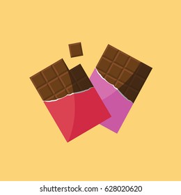 two new modern flat design style tasty opened chocolate bar isolated a partly wrapped in a foil isolated vector and one piece cube missing. delicious chocolate milk. 