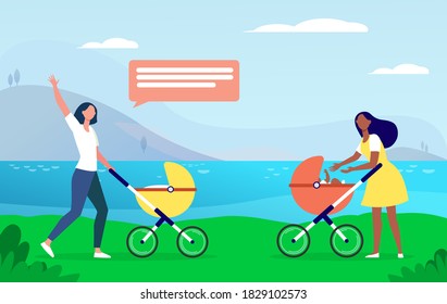 Two new moms walking together. Woman with strollers meeting and waving hello flat vector illustration. Motherhood, childcare, friendship concept for banner, website design or landing web page