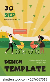 Two new moms walking together. Woman with strollers meeting and waving hello flat vector illustration. Motherhood, childcare, friendship concept for banner, website design or landing web page