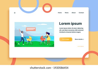 Two new moms walking together. Woman with strollers meeting and waving hello flat vector illustration. Motherhood, childcare, friendship concept for banner, website design or landing web page