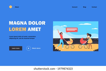 Zwei neue Mütter gehen zusammen. Frau mit Stollen, die hallo flache Vektorgrafik treffen und schwingen. Mutterschaft, Kinderbetreuung, Freundschaftskonzept für Banner, Website-Design oder Landing-Webseite