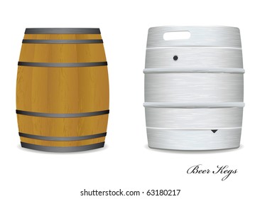 Two new and old beer kegs with wood and metal version