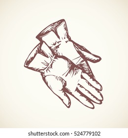 Two new suede lie gauntlet mitts set isolated on white snow backdrop. Freehand outline black ink drawn picture object logo sketchy in art scribble retro style. Closeup view with space for text