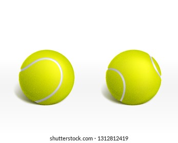 Two new tennis balls lying on white surface 3d realistic vector illustration. Racket sport inventory or equipment icon. Tennis tournament, sport game competition or championship ad design element