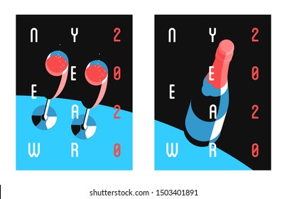 Two New Year 2020 posters. Champagne glasses and bottle as a symbol of the New Year. Letters, blue and black backgrounds. Vector illustration