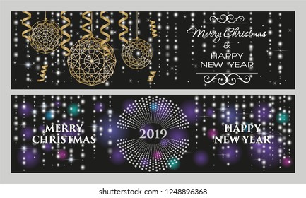 Two New Year banners. Merry Christmas and Happy New Year. Background with luminescent glow, snowflakes, stars and christmas decorations.