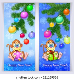 Two New Year cards with the image of ornaments Christmas toys, tree balls and funny cartoon monkey.