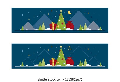 Two new year's banners. Decorated Christmas tree in the forest and snowdrifts, Christmas gifts and a bag, against the background of mountains and the moon.