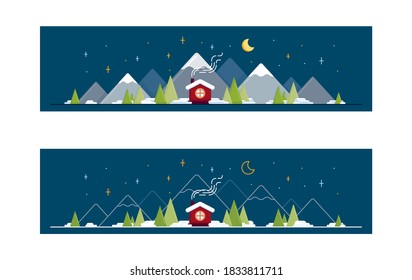 Two new year's banners, a house in the mountains, Christmas trees in snowdrifts on the background of high mountains, the moon and stars are shining.