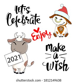 Two New Year's bulls and the inscription make a wish and let's celebrate. Symbol of the year 2021