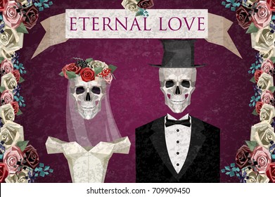 Two newlywed skeletons in low poly style. Woman with wreath, veil and dress. Man in black suit and top hat. Dark violet textured background, flower frame and ribbon with text. Vector illustration