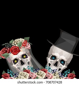 Two newlywed skulls in low poly style. Woman with wreath and veil. Man with black top hat. Black background. Vector illustration