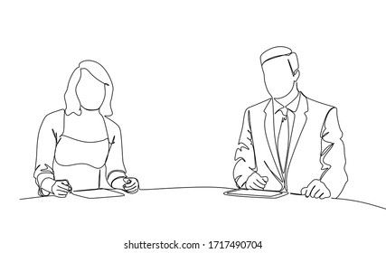 Dos presentadores de noticias. Dibujo continuo de una sola línea.