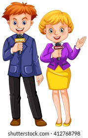 Two news reporters with microphones illustration