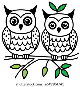 two nice cartoon owls perched on a leafy branch d, this is a editable file.