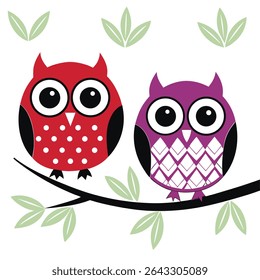 two nice cartoon owls perched on a leafy branch d, this is a editable file.